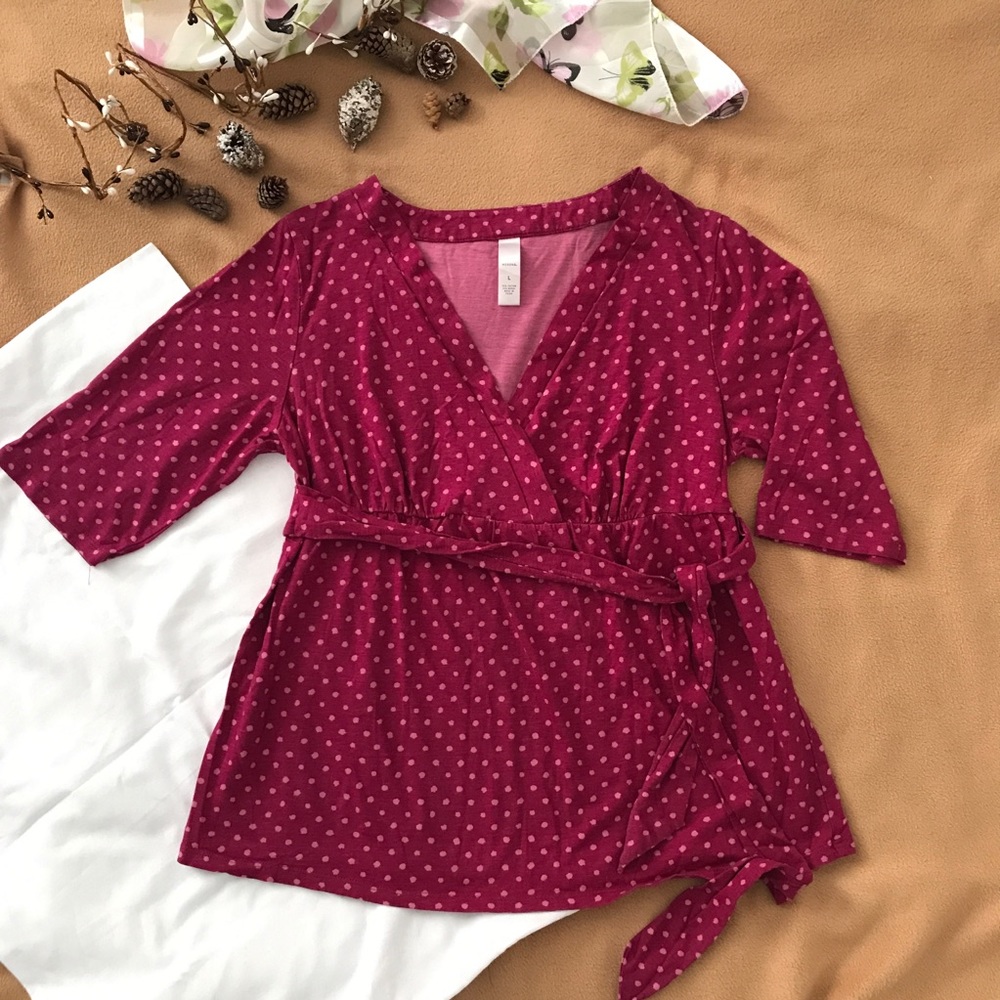 Merona Polka Dot Deep V Neck Top Size L